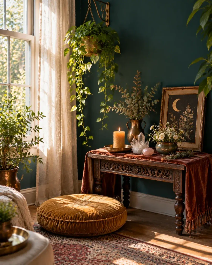 Witchy living room altar corner with candle, crystals and flowers on a velvet runner against a teal wall