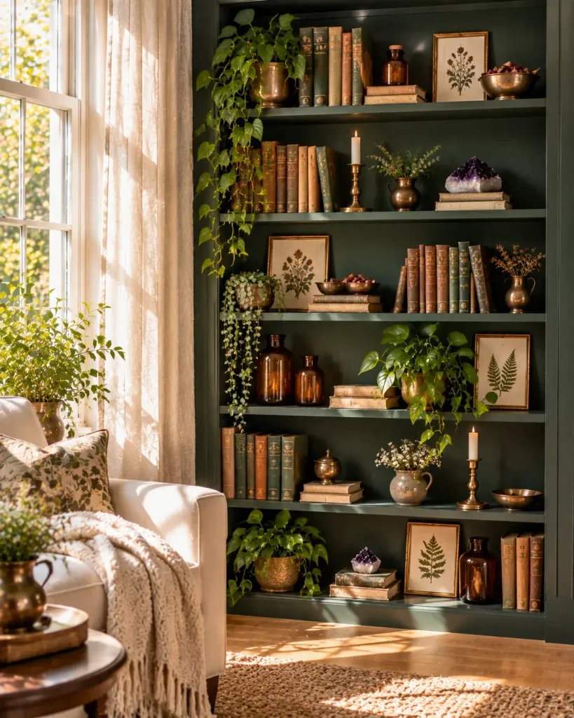 Witchy living room bookshelf styled with old books, amber bottles, crystals and trailing plants