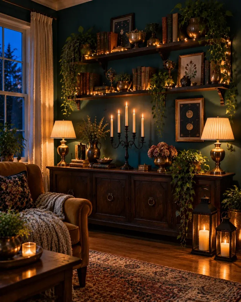 Candelabra lighting glowing in a moody living room