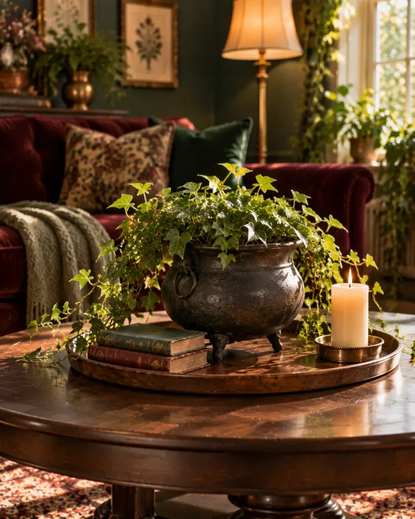 Witchy living room coffee table with a cast iron cauldron planted with trailing ivy