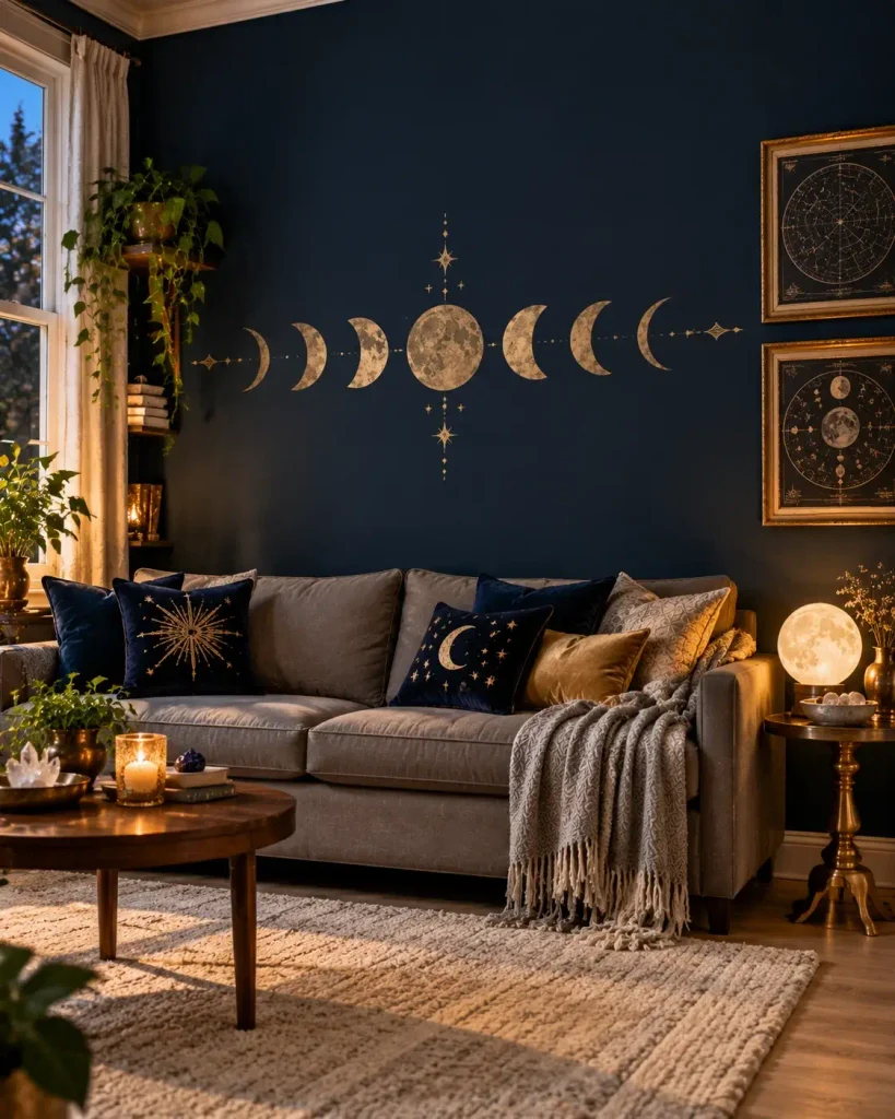 Witchy living room celestial wall with a gold moon phase stencil on midnight navy paint