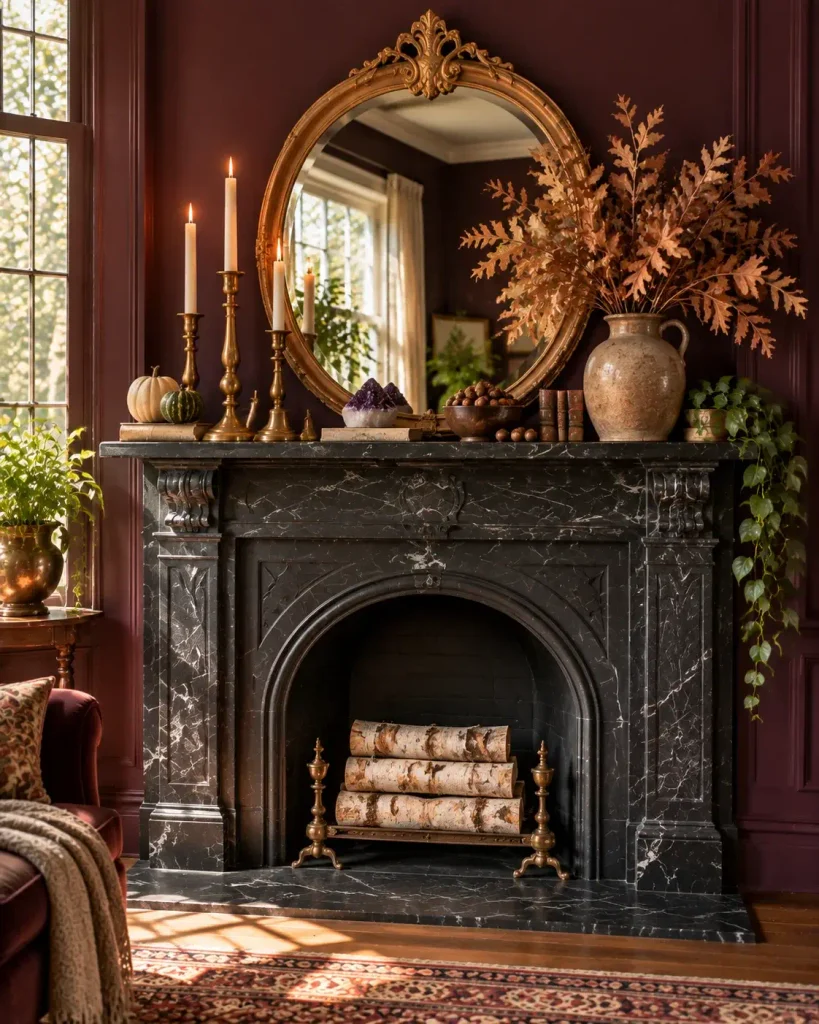 Witchy fireplace mantel styled with an antique mirror, taper candles, dried oak branches and crystals
