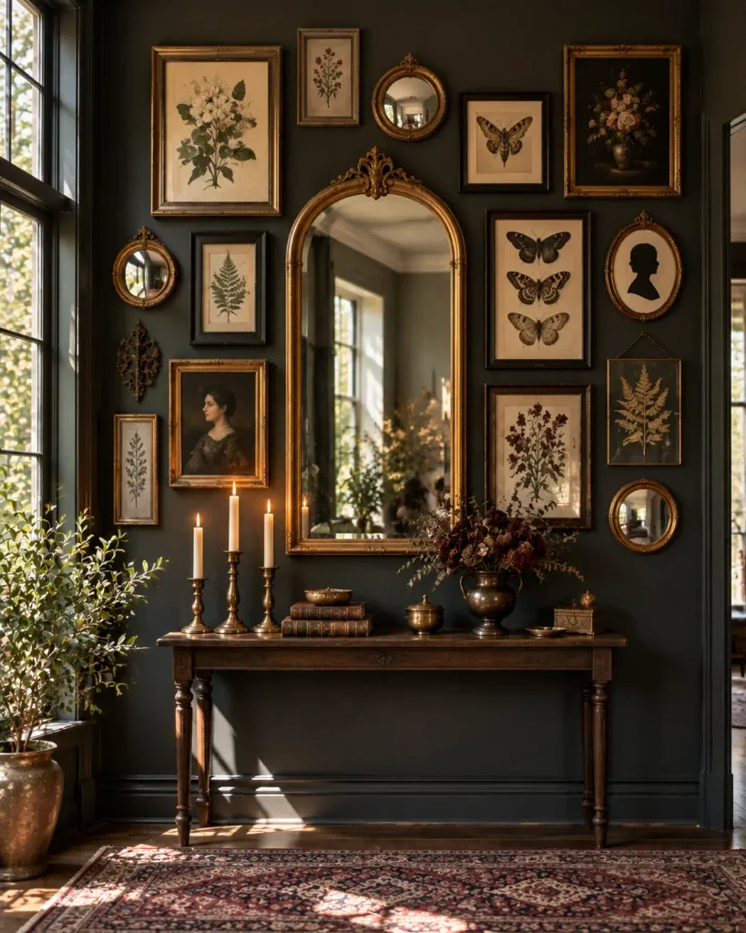 Witchy living room gothic gallery wall with antique mirrors, botanical and moth prints on charcoal