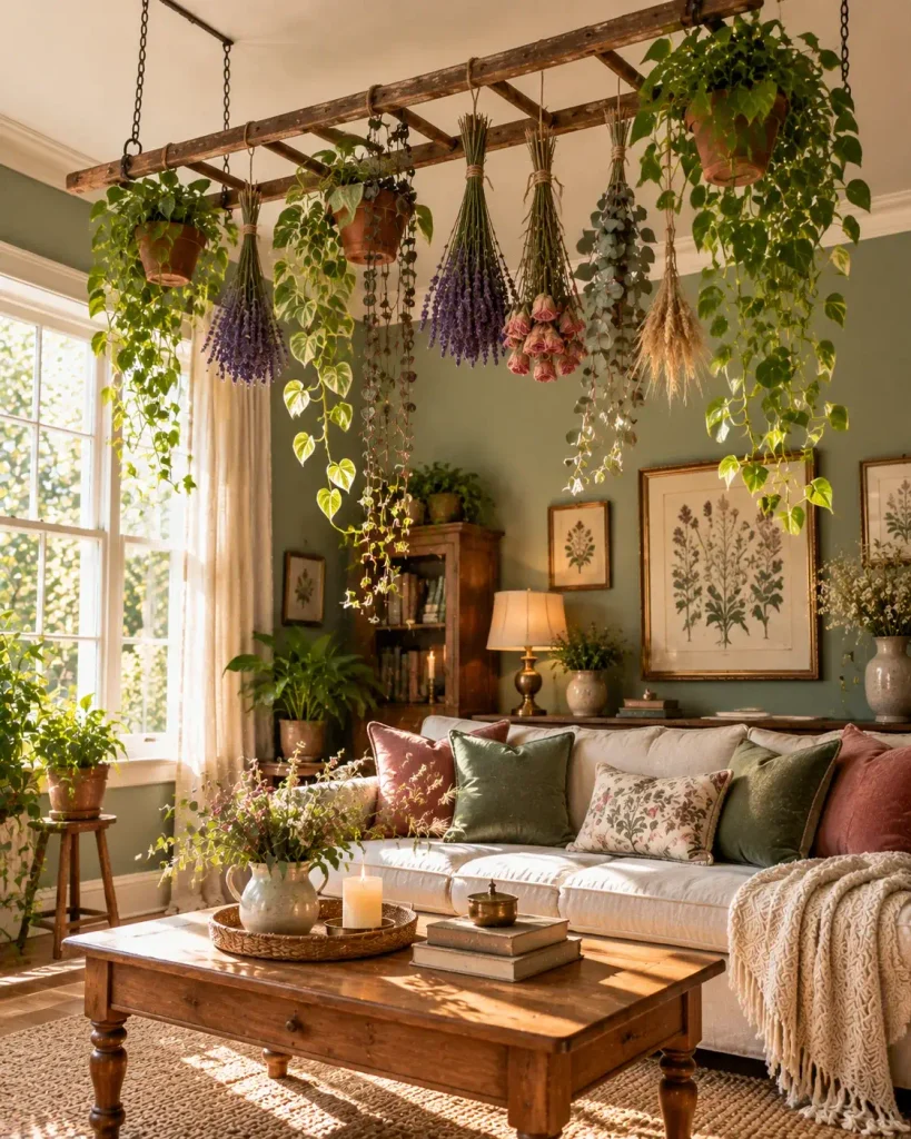 Witchy living room ceiling garden of trailing plants and dried flowers hanging from a wooden ladder