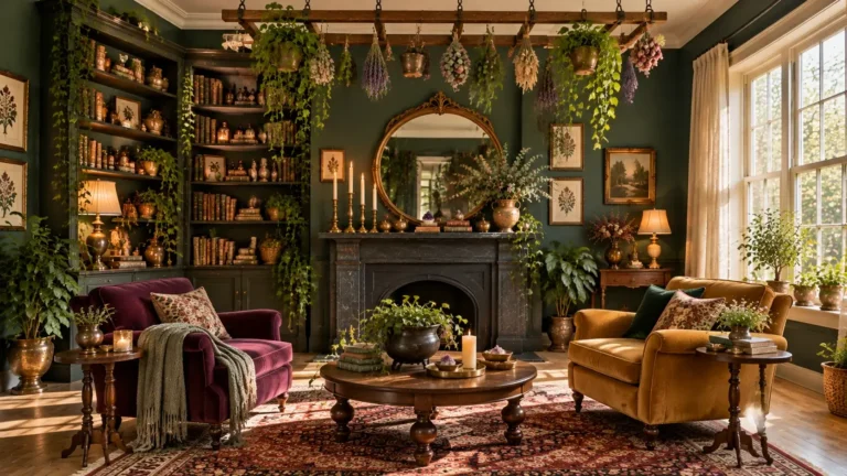 Witchy living room ideas with a styled fireplace mantel, green walls, bookshelf and hanging dried herbs