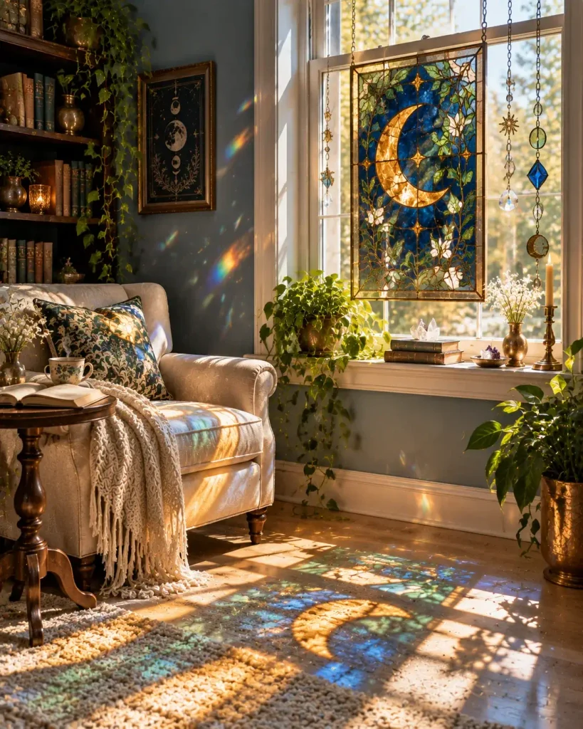 Witchy living room window with a stained glass moon panel casting amber, green and blue light