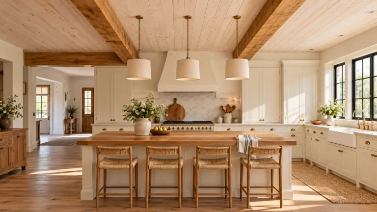 Wood ceiling kitchen ideas: whitewashed pine plank ceiling with rough oak beams over a butcher block island and cream cabinets