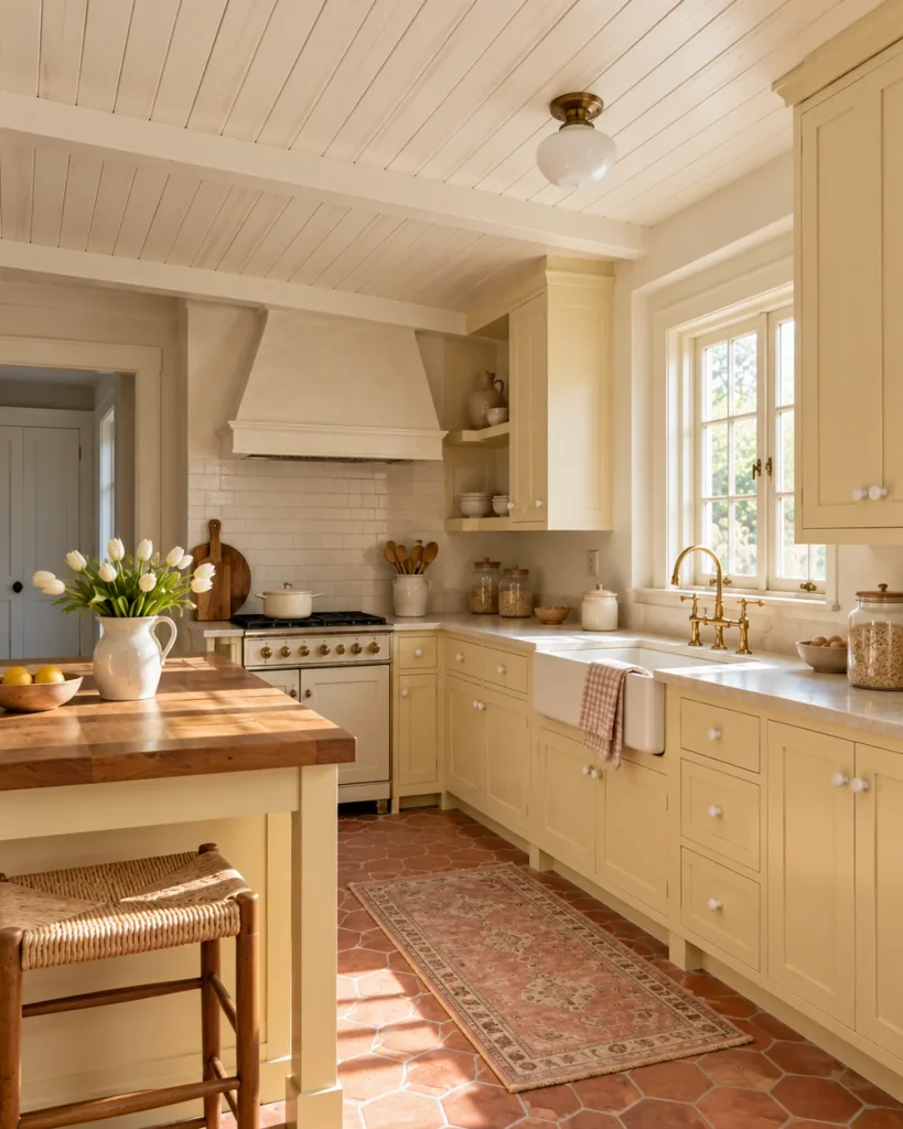 Wood ceiling kitchen ideas with warm white painted planks above buttermilk yellow cabinets in a cottage kitchen