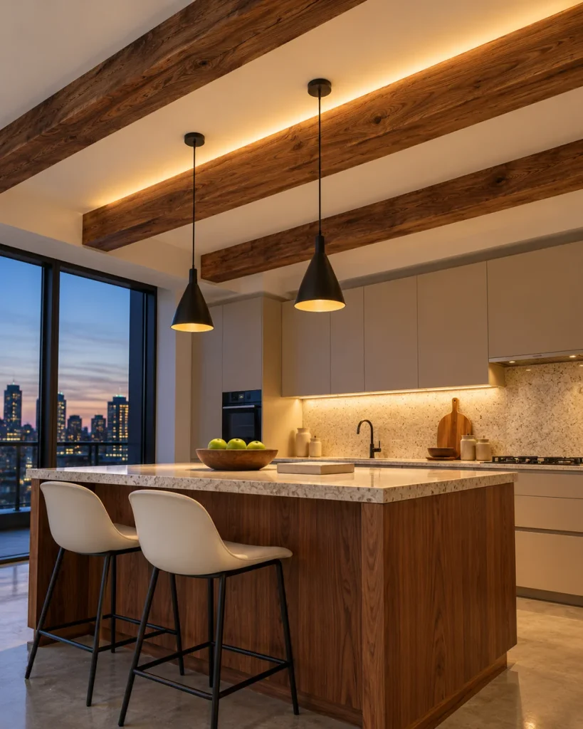 Faux walnut beams with a warm LED glow on a white ceiling above a walnut and terrazzo island