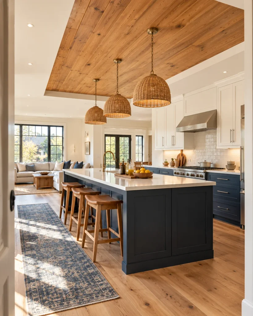 Honey oak plank ceiling only above a kitchen island with rattan pendants in an open-plan kitchen