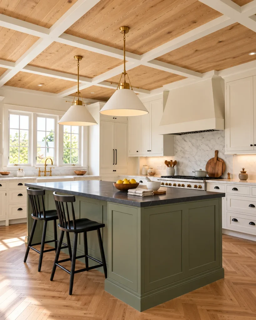 Two-tone kitchen ceiling with natural oak planks and white beams above a sage island and white cone pendants