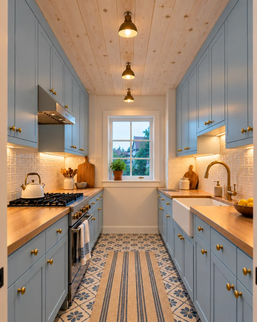Whitewashed pine plank ceiling with brass lights above powder blue cabinets in a small galley kitchen