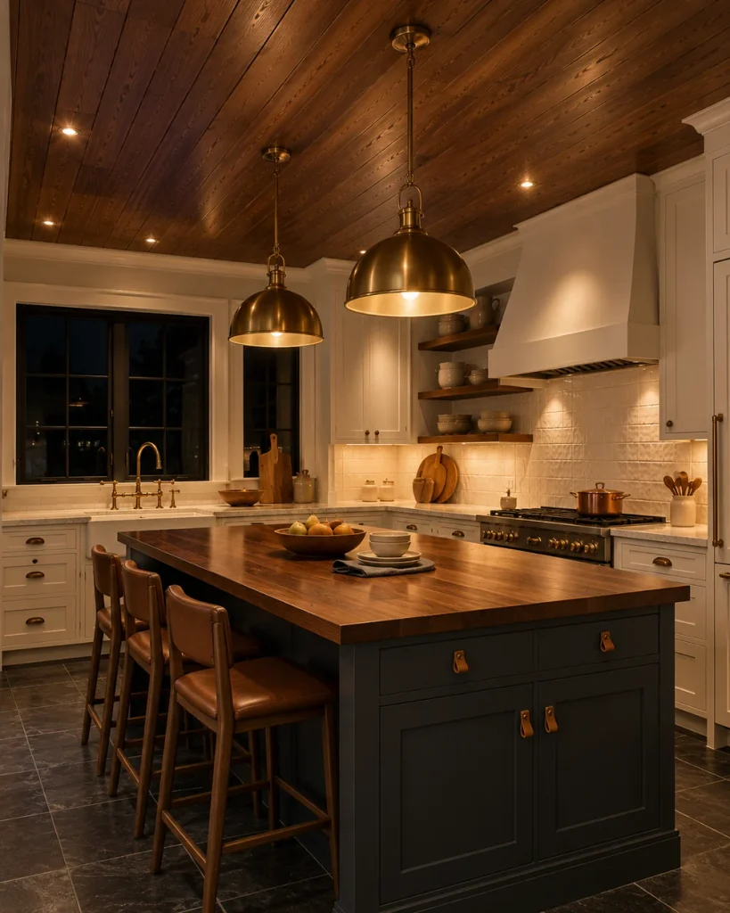 Dark walnut stained wood ceiling above a charcoal island with glowing brass pendants at night