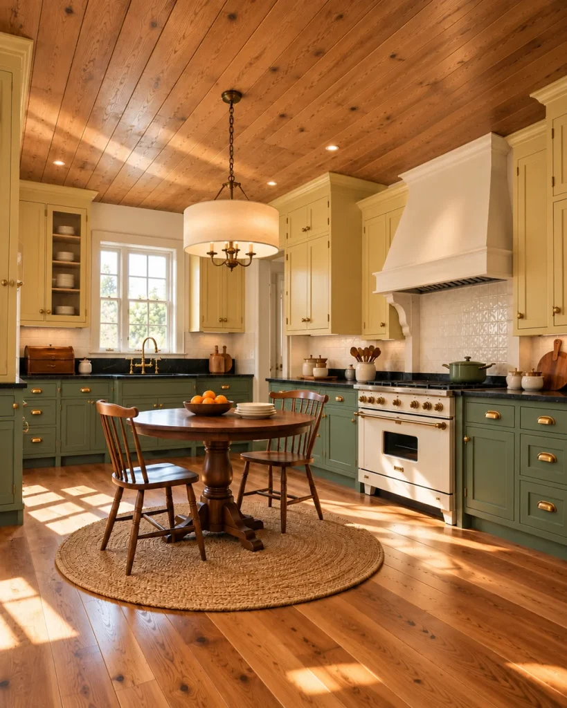 Oak plank kitchen ceiling matching the oak floor above butter yellow and sage cabinets and a round table
