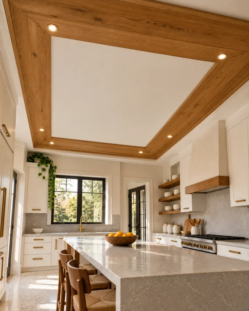 Oak plank border with mitered corners and recessed lights framing a white kitchen ceiling
