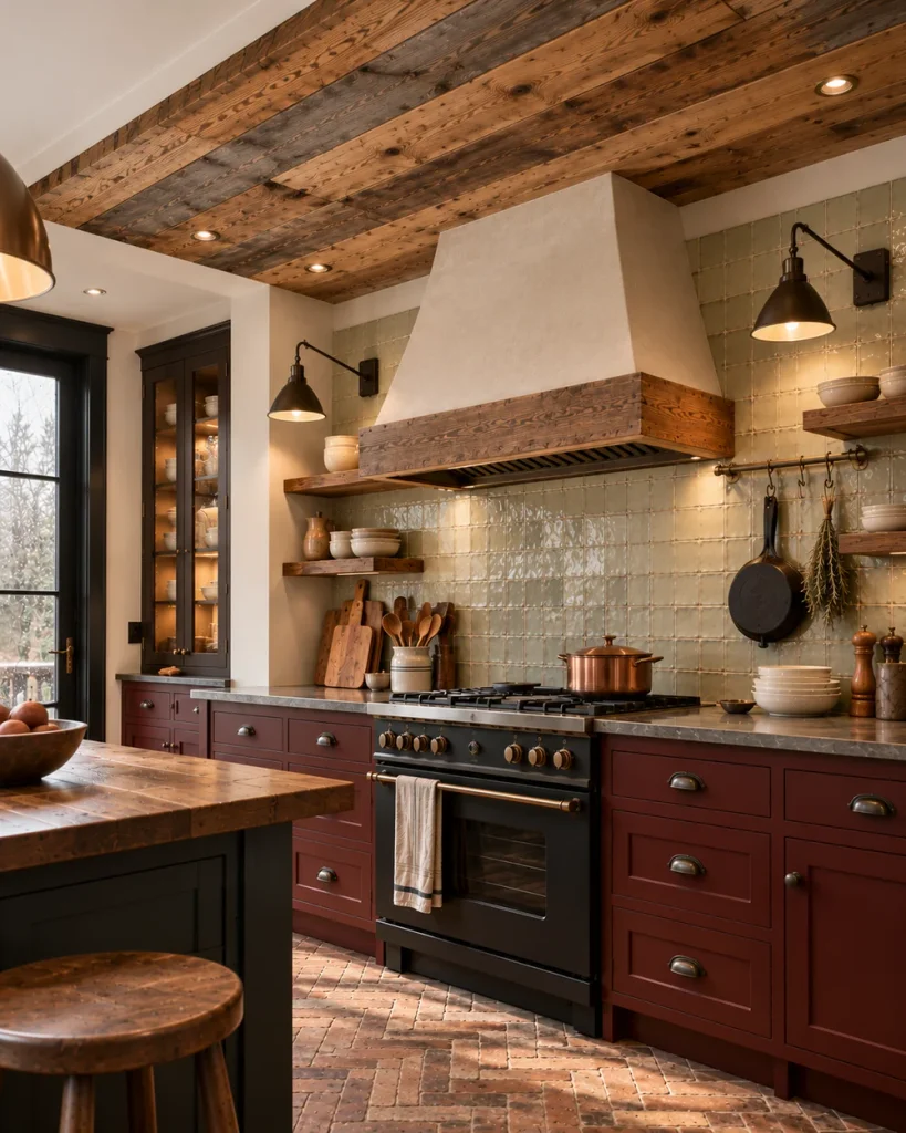 Reclaimed barn wood ceiling above a plaster hood and oxblood red cabinets in a rustic kitchen