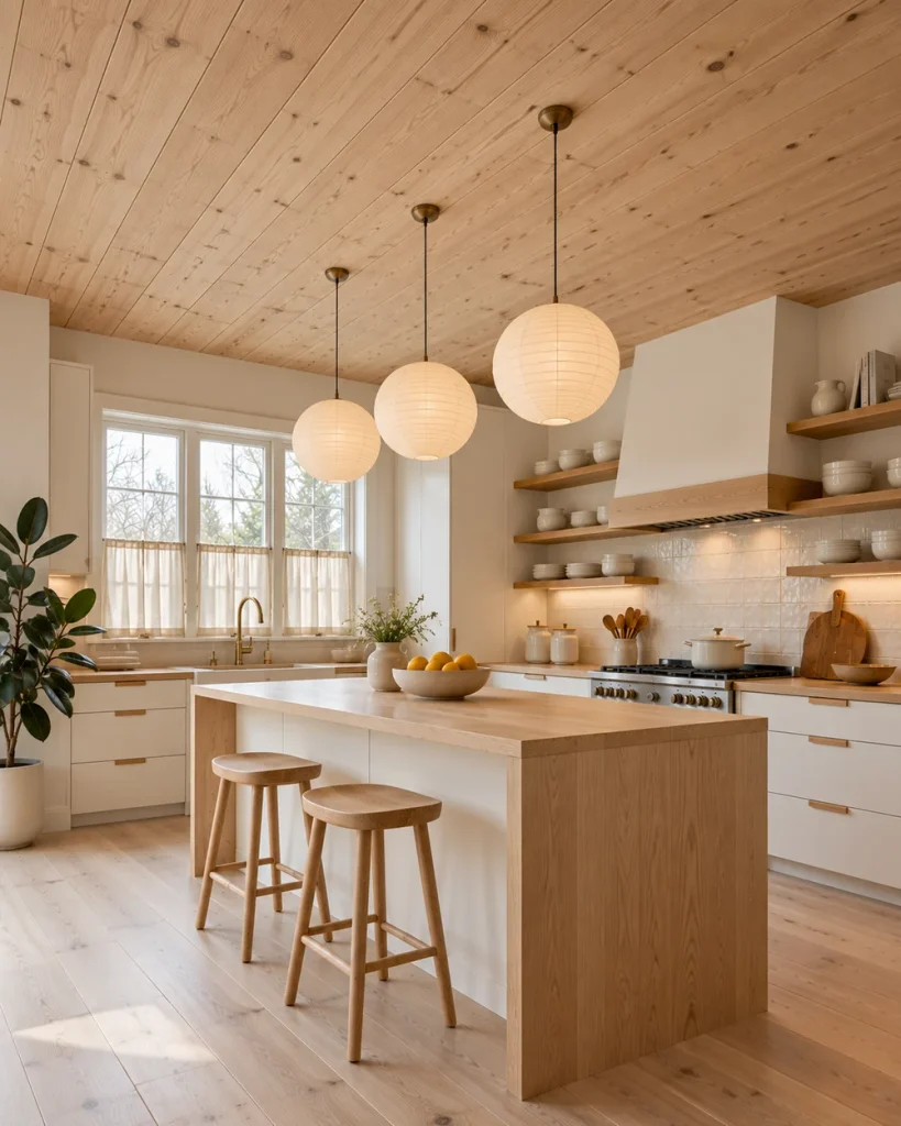 Matte-sealed natural pine ceiling in a bright Scandinavian kitchen with paper lantern pendants