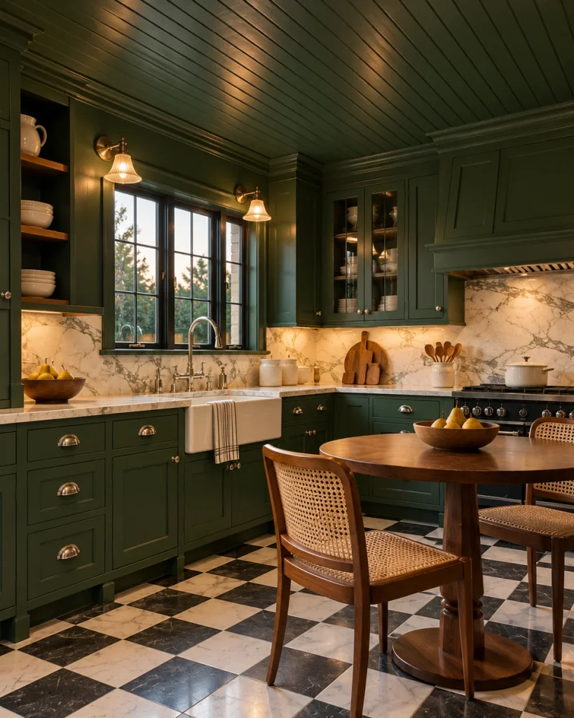 Forest green beadboard kitchen ceiling painted to match the green shaker cabinets