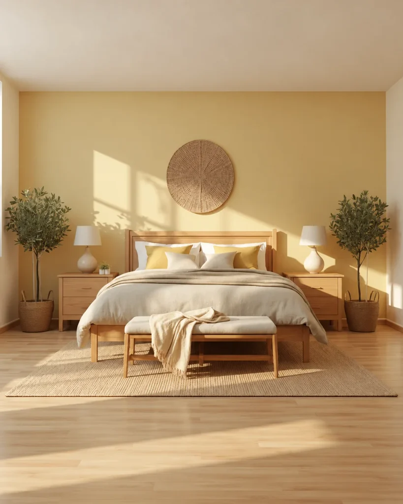 Butter yellow bedroom with an oak bed, matching nightstands, two olive trees and a woven wall basket