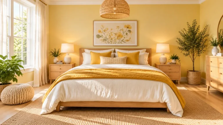 Cozy yellow bedroom with butter yellow wall, mustard quilt and rattan pendant