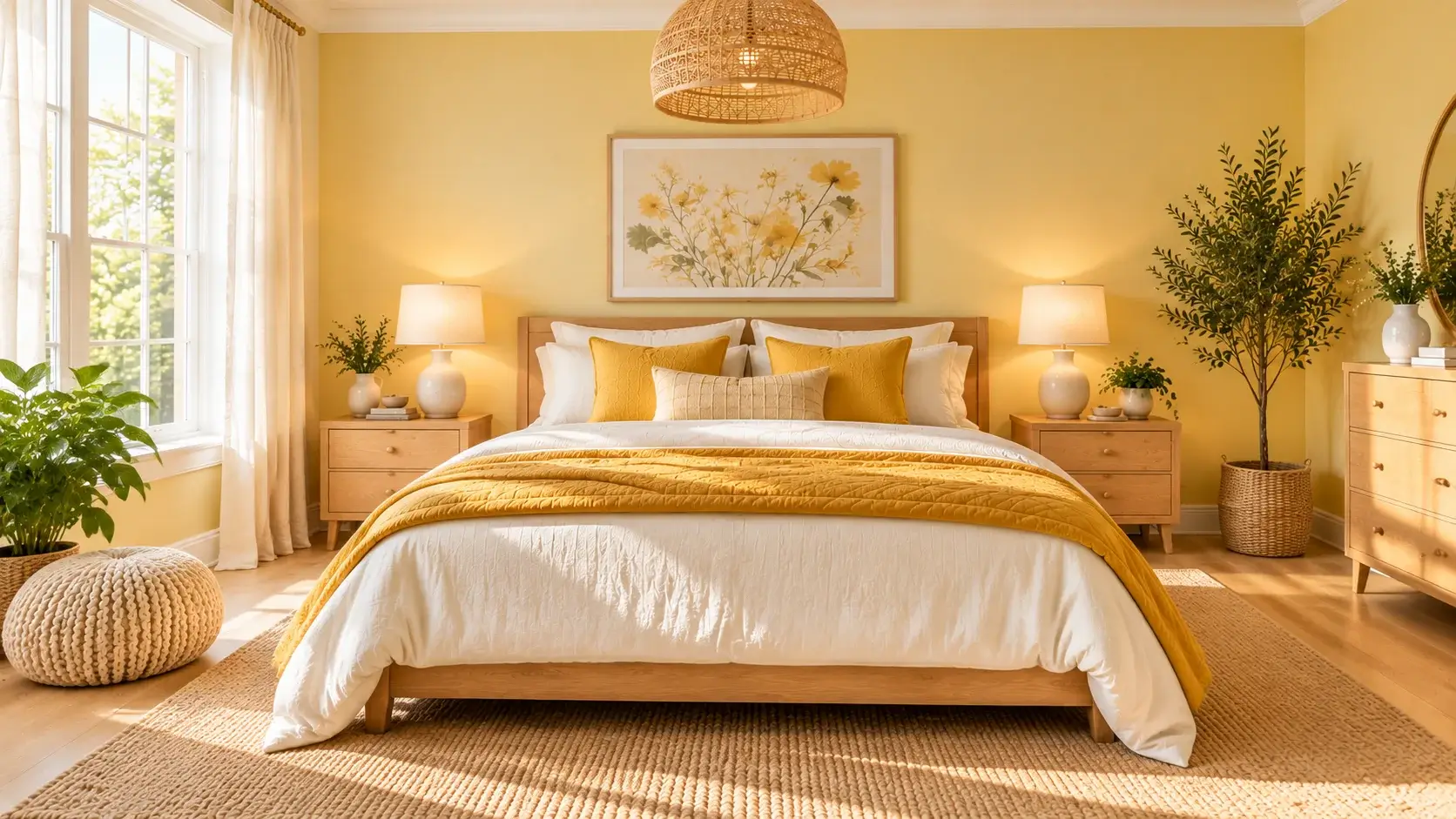 Cozy yellow bedroom with butter yellow wall, mustard quilt and rattan pendant