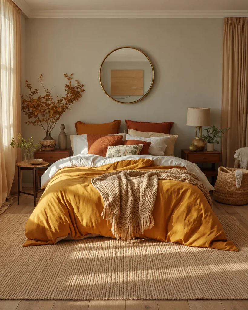 Mustard yellow bedroom with a layered mustard duvet, rust pillows, a knit throw and a round mirror