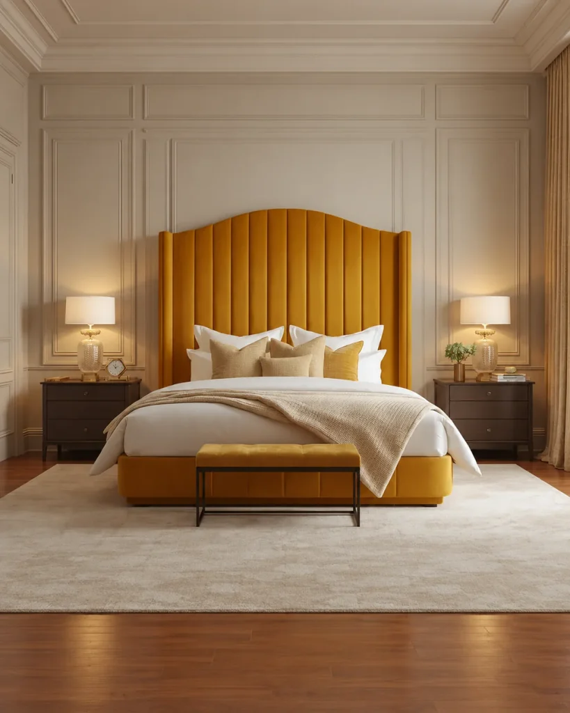 Yellow bedroom with a tall mustard velvet channel headboard, matching bench and dark wood nightstands