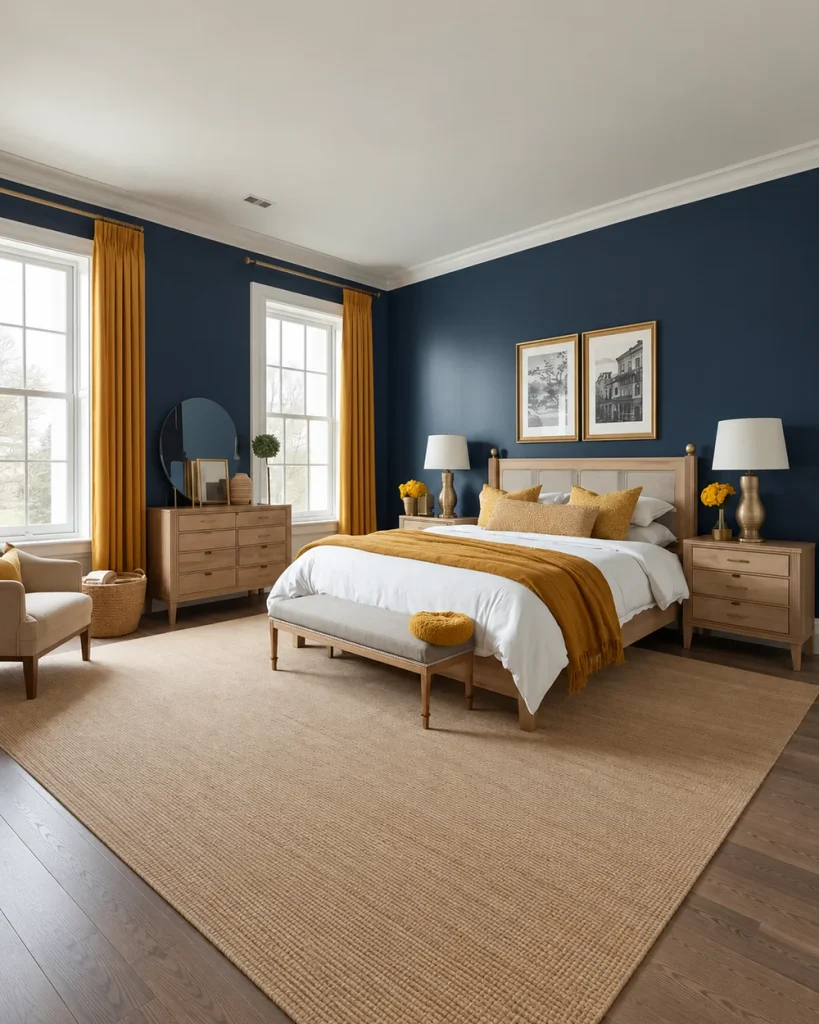 Yellow and navy bedroom with navy walls, mustard curtains, an oak bed and a mustard throw