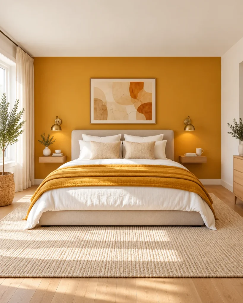 Yellow accent wall bedroom with an ochre wall behind the bed, brass sconces and floating nightstands