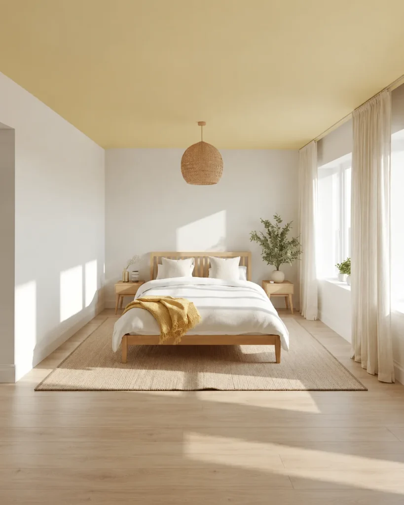 Bedroom with a pale yellow ceiling, white walls, a light oak bed and a woven pendant light