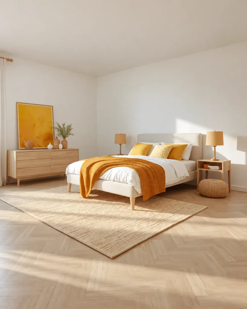 Rental-friendly yellow bedroom with white walls, a mustard throw, yellow pillows and yellow art on the dresser