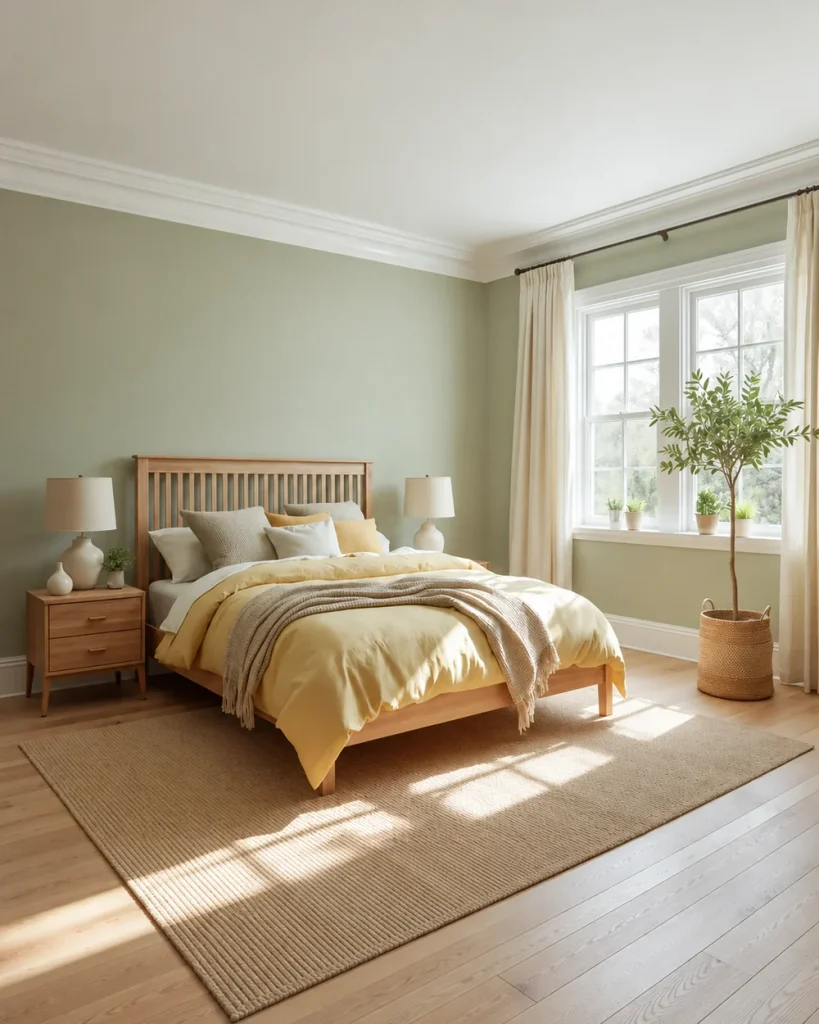 Yellow and sage green bedroom with sage walls, butter yellow bedding, an oak bed and an olive tree