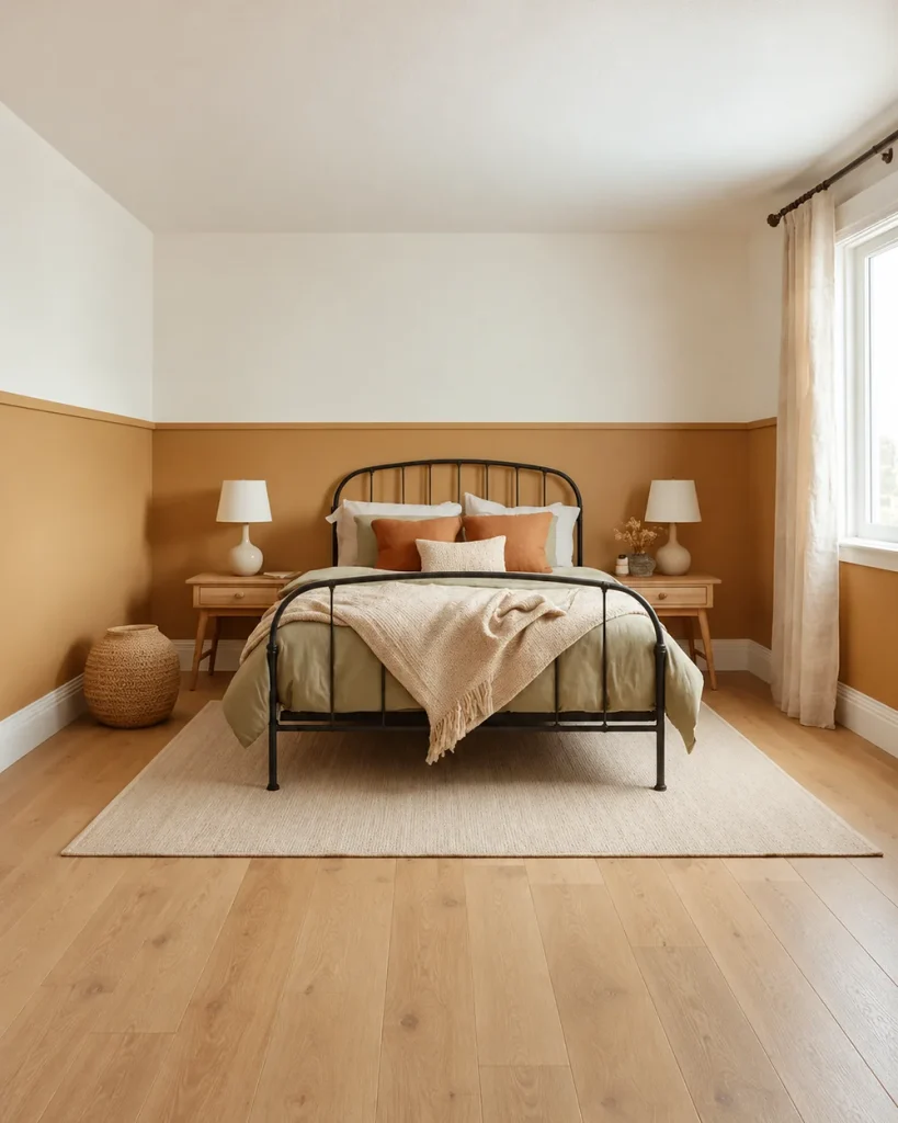 Two-tone yellow bedroom with an ochre lower half wall, a black iron bed and white walls above