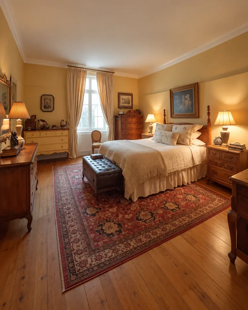 Vintage yellow bedroom with antique wood dressers, a four-poster bed, warm lamps and a red Persian rug