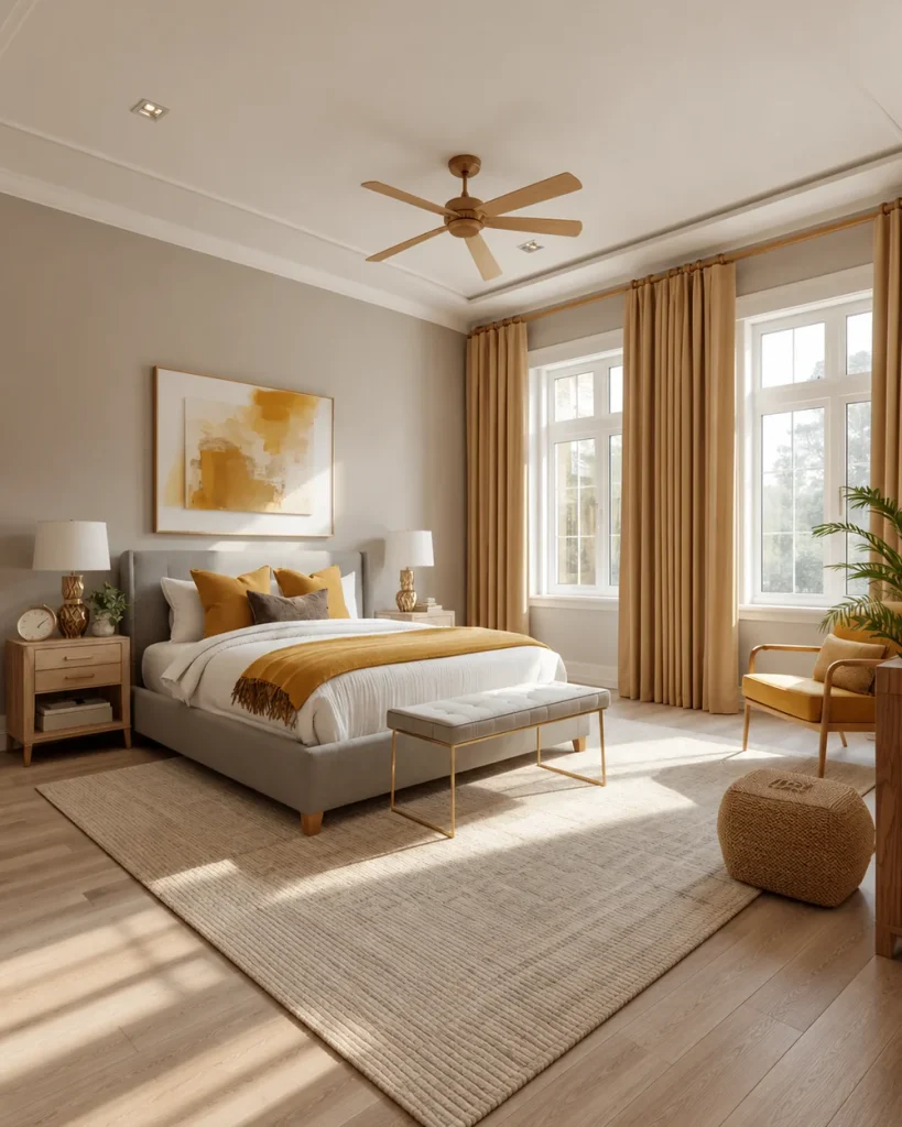 Yellow and gray bedroom with warm gray walls, a gray upholstered bed, mustard pillows and golden curtains